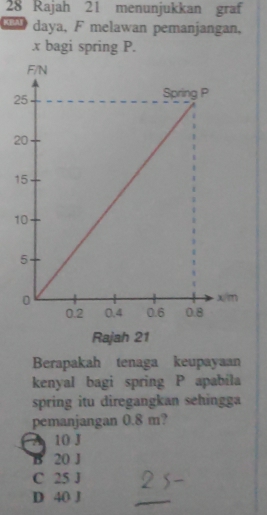 Rajah 21 menunjukkan graf
KBAF daya, F melawan pemanjangan,
x bagi spring P.
2
2
1
1
Rajah 21
Berapakah tenaga keupayaan
kenyal bagi spring P apabila
spring itu diregangkan sehingga
pemanjangan 0.8 m?
A 10 J
B 20 J
C 25 J
D 40 J