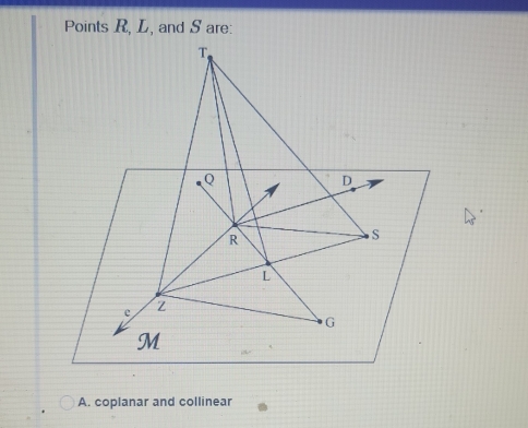 Points R, L, and S are:
T
Q
D
R
S
L
e z
G
M
A. coplanar and collinear