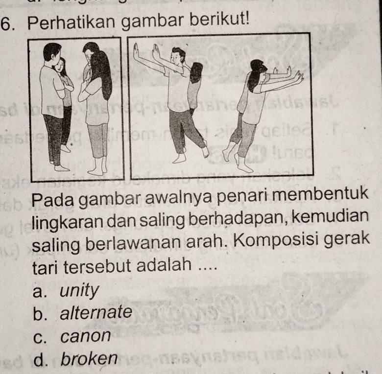 Perhatikan gambar berikut!
Pada gambar awalnya penari membentuk
lingkaran dan saling berhadapan, kemudian
saling berlawanan arah. Komposisi gerak
tari tersebut adalah ....
a. unity
b. alternate
c. canon
d. broken