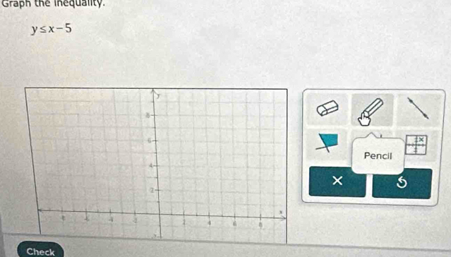 Graph the Inequality.
y≤ x-5
Pencil 
× 
Check