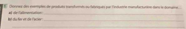 Donnez des exemples de produits transformés ou fabriqués par l'industrie manufacturière dans le domaine. 
a) de l'alimentation:_ 
b) du fer et de l'acier :_ 
_