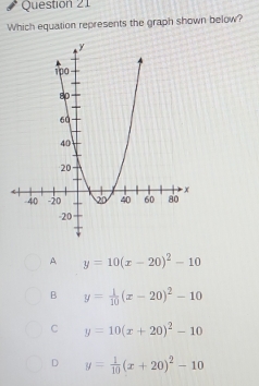 Which equation represents the graph shown below?
A y=10(x-20)^2-10
B y= 1/10 (x-20)^2-10
C y=10(x+20)^2-10
D y= 1/10 (x+20)^2-10