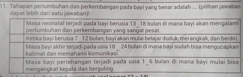 Tahapan pertumbuhan dan perkembangan pada bayi yang benar adalah .... (pilihan jawaban 
dapat lebih dari satu jawaban)!