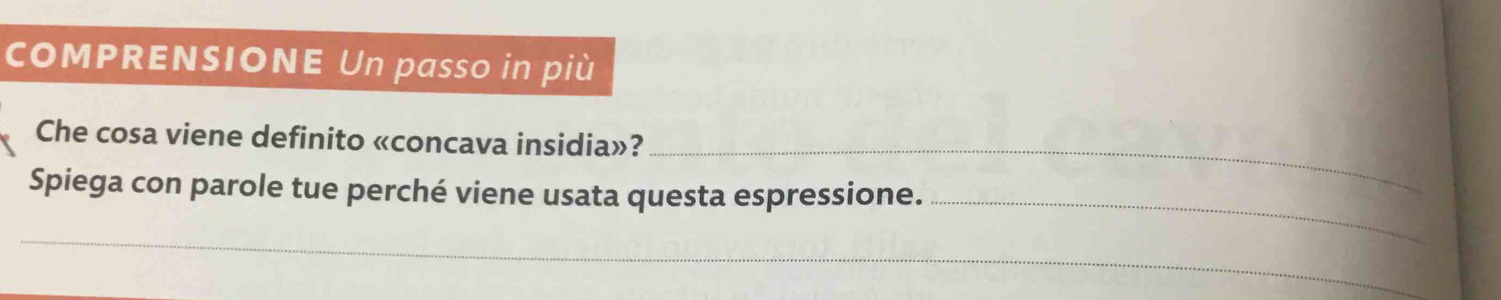 COMPRENSIONE Un passo in più 
Che cosa viene definito «concava insidia»?_ 
_ 
Spiega con parole tue perché viene usata questa espressione. 
_