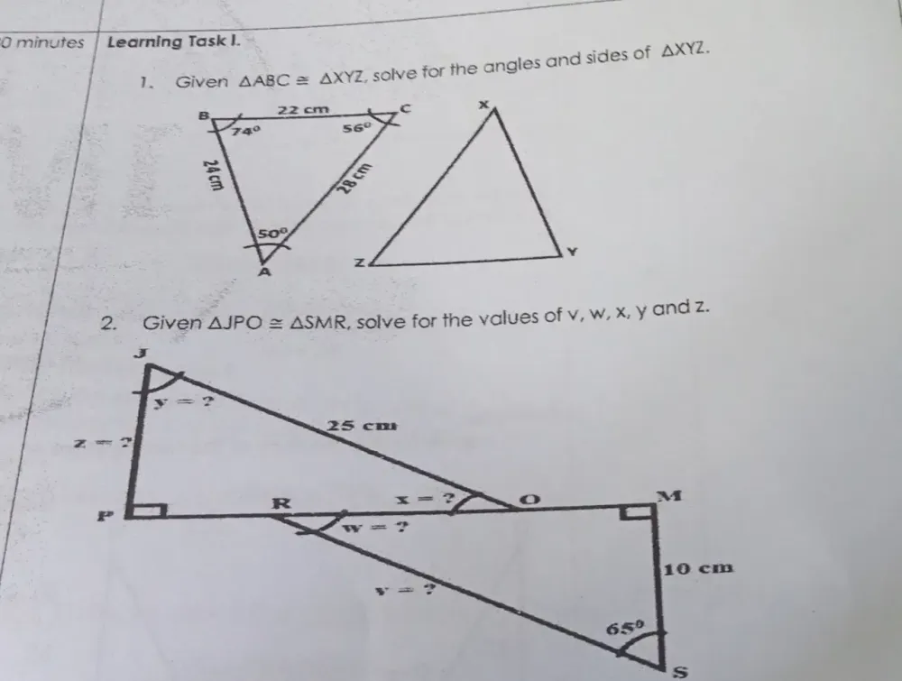 Solved: minutes Learning Task I. 1. Given ABC≌ XYZ , solve for the ...