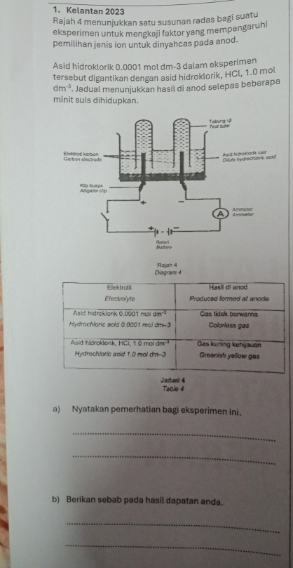 Kelantan 2023
Rajah 4 menunjukkan satu susunan radas bagi suatu
eksperimen untuk mengkaji faktor yang mempengaruhi
pemilihan jenis ion untuk dinyahcas pada anod.
Asid hidroklorik 0.0001 mol dm-3 dalam eksperimen
tersebut digantikan dengan asid hidroklorik, HCl, 1.0 mol
dm^(-3). Jadual menunjukkan hasil di anod selepas beberapa
minit suis dihidupkan.
Rajah 4
Diagram 4
Jadual 4
Table 4
a) Nyatakan pemerhatian bagi eksperimen ini.
_
_
b) Berikan sebab pada hasil dapatan anda.
_
_