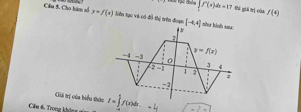 () hên tục thỏa ∈tlimits _1f'(x)dx=17 thì giá trị của f(4)
Câu 5. Cho hàm số y=f(x) liên tục và có đồ thị trên đoạn [-4;4] như hình sau:
y
2
y=f(x)
-4 -3 0 4
3
-2-1 1 2 x
-2
Giá trị của biểu thức I=∈tlimits _a^4f(x)dx. 
Câu 6. Trong không gia