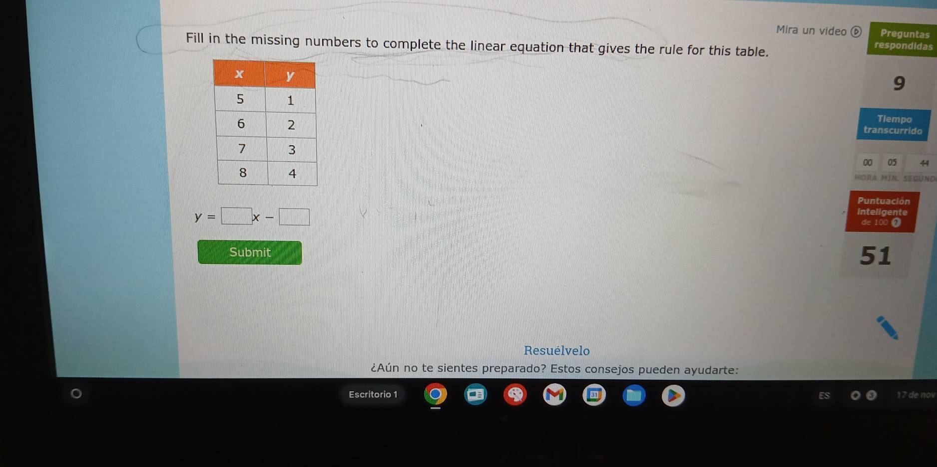 Mira un video Preguntas 
Fill in the missing numbers to complete the linear equation that gives the rule for this table. 
respondidas 
9 
Tiempo 
transcurrido 
00 05 44 
HORA MIN. SEGUND 
Puntuación
y=□ x-□
inteligente 
de 100 Ω
Submit
51
Resuélvelo 
¿Aún no te sientes preparado? Estos consejos pueden ayudarte: 
Escritorio 1 17 de nov