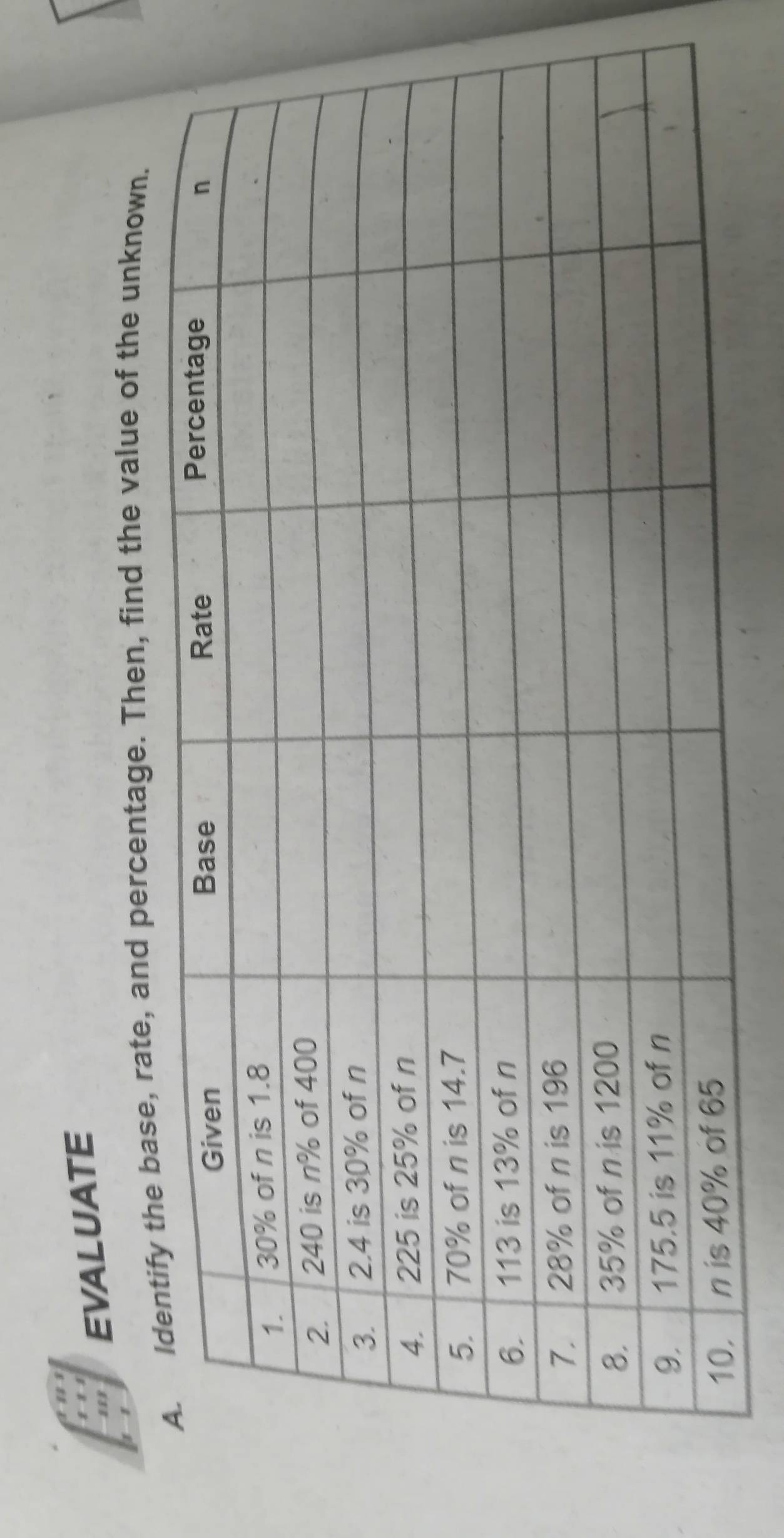 EVALUATE 
, rate, and percentage. Then, find the value of the unknown.