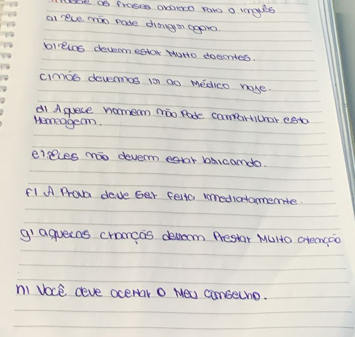 lose as froses ovaioo rara o ingles 
al reve mao pode disnigion agera. 
bleins devermestar wUHo doetes. 
cimdo deveros isn ao Medico nose. 
d1 Aquece nomeam máo rade compartichar esta 
Hemeager. 
eices mao dever estar bcamdo. 
F1 A Proua deve ser felta imediatamemte. 
gi aguecas cramcas decom Prestar MUHo atemcoo 
ni Voce deve oceNar O Meu conseche.