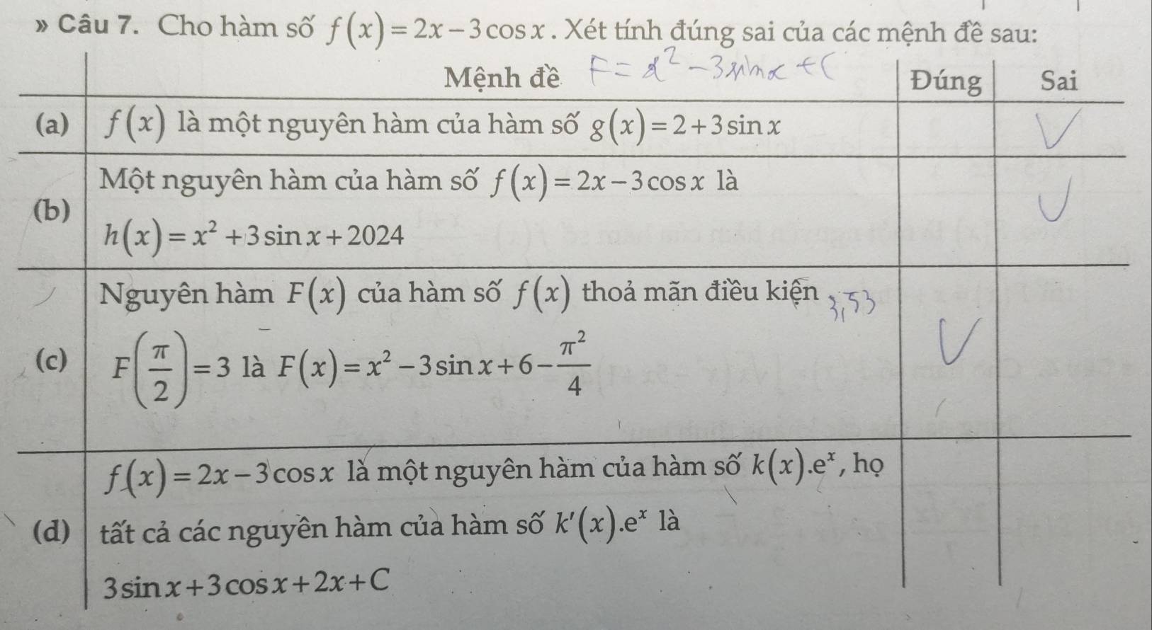 » Câu 7. Cho hàm số f(x)=2x-3cos x. Xét tính đúng sa