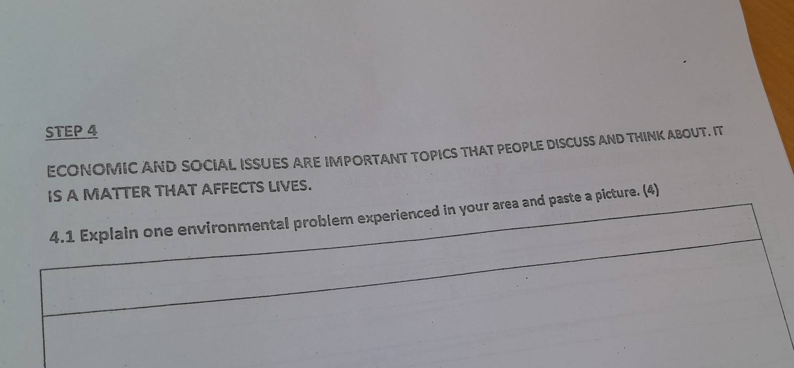 ECONOMIC AND SOCIAL ISSUES ARE IMPORTANT TOPICS THAT PEOPLE DISCUSS AND THINK ABOUT. IT 
IS A MATTER THAT AFFECTS LIVES. 
4.1 Explain one environmental problem experienced in your area and paste a picture. (4)