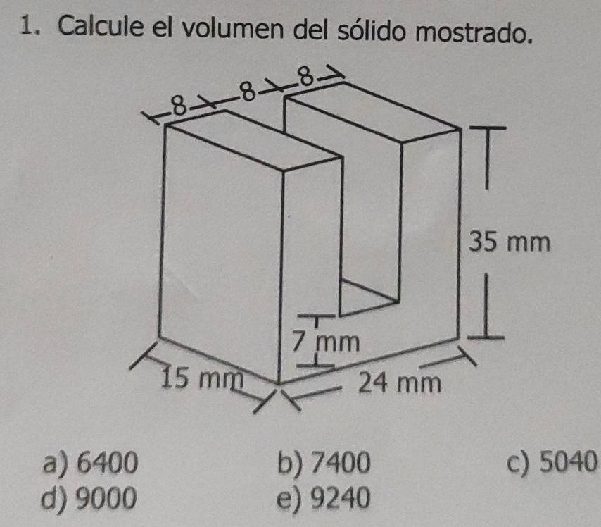 Calcule el volumen del sólido mostrado.
a) 6400 b) 7400 c) 5040
d) 9000 e) 9240