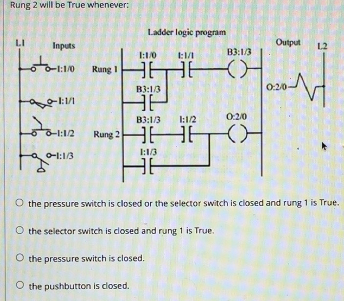 Solved: Rung 2 will be True whenever: the pressure switch is closed or ...