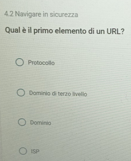 4.2 Navigare in sicurezza
Qual è il primo elemento di un URL?
Protocollo
Dominio di terzo livello
Dominio
ISP