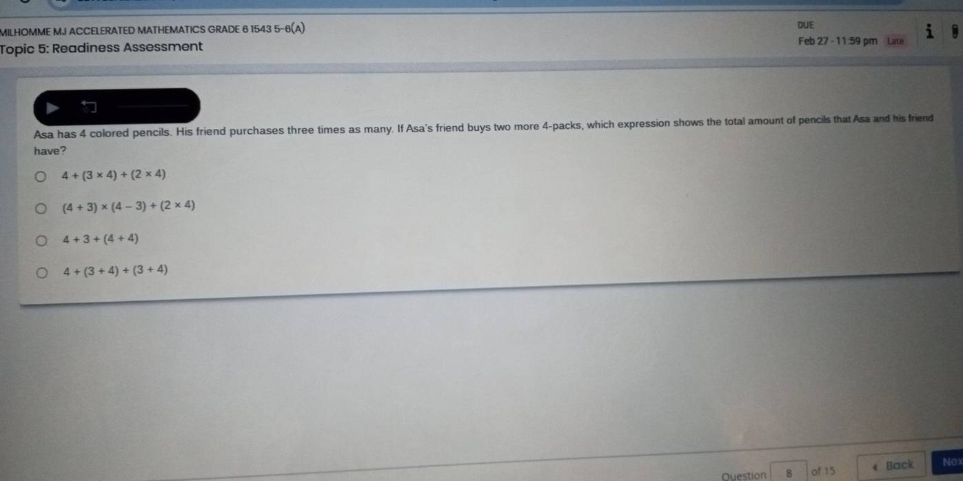 Solved: MILHOMME MJ ACCELERATED MATHEMATICS GRADE 6 1543 5- 6(A) DUE ...