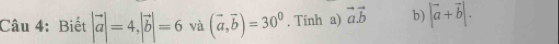 Biết |vector a|=4, |vector b|=6 và (vector a,vector b)=30^0. Tính a) vector avector b b) |vector a+vector b|.