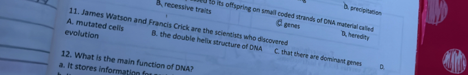 D. precipitation
ed to its offspring on small coded strands of DNA material called
B recessive traits C. genes D. heredity
11. James Watson and Francis Crick are the scientists who discovered
evolution
A. mutated cells B. the double helix structure of DNA C. that there are dominant genes
12. What is the main function of DNA?
D.
a. It stores information fo