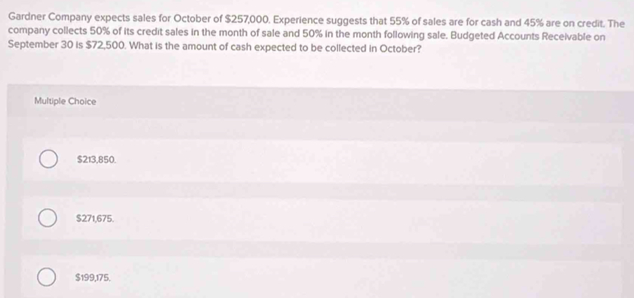 Gardner Company expects sales for October of $257,000. Experience suggests that 55% of sales are for cash and 45% are on credit. The
company collects 50% of its credit sales in the month of sale and 50% in the month following sale. Budgeted Accounts Receivable on
September 30 is $72,500. What is the amount of cash expected to be collected in October?
Multiple Choice
$213,850.
$271,675.
$199,175.