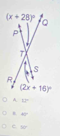 A. 12°
B. 40°
C. 50°