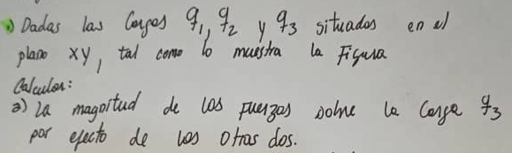 " Dadas las longes q_1, q_2 y q_3 situados en el 
plano xy, tal come l0 muestra la Fisua 
Calcular: 
) la magoitad do las puegas solne le Coge y_3
par eqecto de las otras dos.