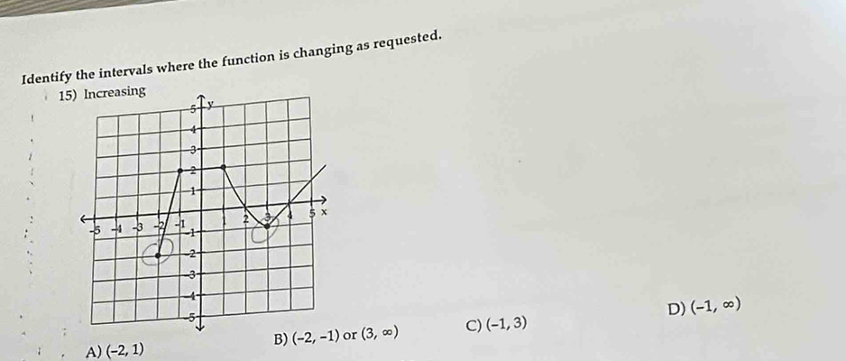 Identify the intervals where the function is changing as requested.
15) Increasing
D) (-1,∈fty )
B)or (3,∈fty ) C) (-1,3)
A) (-2,1)