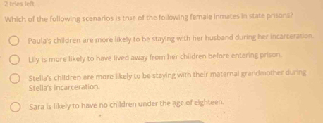 tries left
Which of the following scenarios is true of the following female inmates in state prisons?
Paula's children are more likely to be staying with her husband during her incarceration.
Lily is more likely to have lived away from her children before entering prison.
Stella's children are more likely to be staying with their maternal grandmother during
Stella's incarceration.
Sara is likely to have no children under the age of eighteen