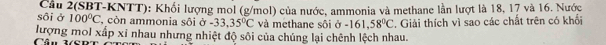 sôi ở Câu 2(SBT-KNTT): Khối lượng mol (g/mol) của nước, ammonia và methane lần lượt là 18, 17 và 16. Nước
100°C , còn ammonia sôi widehat  -33,35°C và methane sôi sigma -161,58°C
lượng mol xấp xỉ nhau nhưng nhiệt độ sôi của chúng lại chênh lệch nhau. . Giải thích vì sao các chất trên có khối 
Câu V