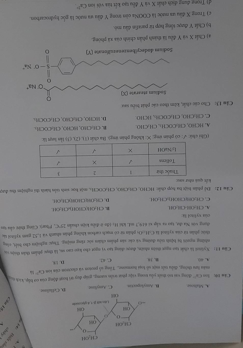 cháy
D 
B
A. Maltose. B. Amylopectin. C. Amylose. D. Cellulose.
Cầu 10: lon Ca^(2+) đồng vai trò thiết yếu trong việc phát triển xương, giúp duy trì hoạt động của cơ bắp, kích tác
máu lưu thông, điều tiết một số loại hormone,. Tổng số proton và electron của ion Ca^(2+) là
A. 40 B. 38. C. 42. D. 18.
Câu 11: Xylitol là chất tạo ngọt thiên nhiên, được dùng tạo vị ngọt cho kẹo cao su, là thực phẩm thân thiện vớ
những người bị bệnh tiểu đường và các sản phẩm chăm sóc răng miệng. Thực nghiệm cho biết, công
thức phân tứ của xylitol là Cs H_12O_5 phân tử có mạch carbon không phân nhanh và 1,52 gam xylitol tác
dụng với Na dư, tạo ra xấp xỉ 619,7 mL khi H_2 (đo ở điều kiện chuẩn 25°C , Pbar). Công thức cấu tạo
của xylitol là:
A. CH₂OH-CH₂OH. B. CH₂OH(CHOH)₄ CH_2OH
C. CH₂OH(CHOH)₃CH₂OH. D. CH₂OH(CHOH) CH_2OH.
Câu 12: Để phân biệt ba hợp chất: HCHO, CH₃CHO, CH₃COCH₃, một học sinh tiến hành thí nghiệm thu đượ
kết quả như sau:
(Ghi chú: ✓: có phản ứng; X: không phản ứng). Ba chất (1), (2), (3) lần lượt là:
A. HCHO, CH₃COCH₃, CH₃CHO. B. CH_3CHO,HCHO,CH_3COCH_3.
C. CH₃CH OCH_3COCH 3, HCHO. D. HCHO, CH_3CHO,CH_3COCH_3.
Câu 13: Cho các m theo các phát biểu sau:
a) Chất X và Y đều là thành phần chính của xà phòng.
b) Chất Y được tổng hợp từ parafin dầu mỏ.
c) Trong X đầu ưa nước là COONa còn trong Y đầu ưa nước là gốc hydrocarbon.
d) Trong dung dịch chất X và Y đều tạo kết tủa với ion Ca^(2+).