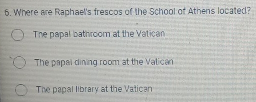 Where are Raphael's frescos of the School of Athens located?
The papal bathroom at the Vatican
The papal dining room at the Vatican
The papal library at the Vatican