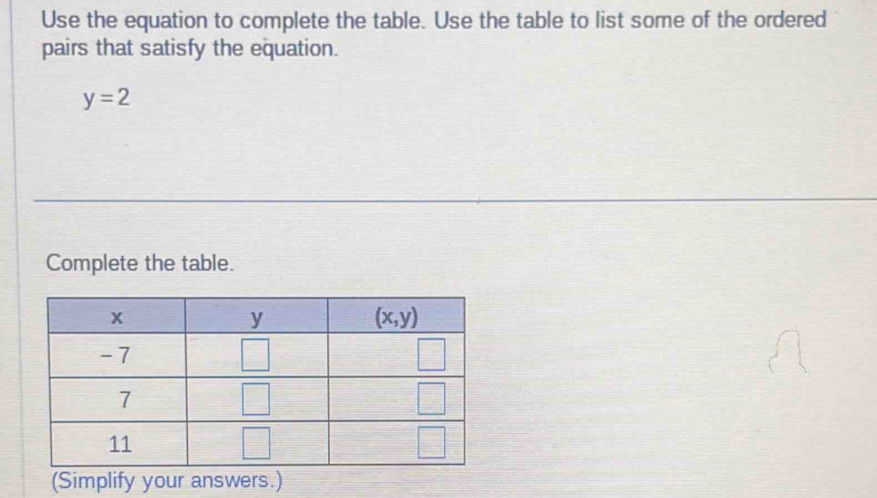 Use the equation to complete the table. Use the table to list some of the ordered
pairs that satisfy the equation.
y=2
Complete the table.
(Simplify your answers.)