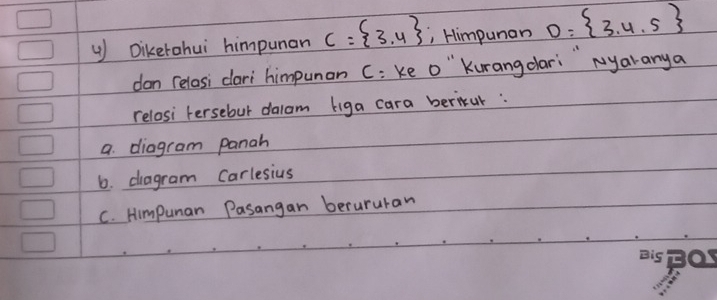 Diketahui himpunan C= 3,4 i Himpunar D= 3,4,5
don relasi clari himpunon C: ke o " kurangdlari " Myaranya
relosi tersebul dalam liga cara beriul :
a. diagram panah
6. diagram Carlesius
C. Himpunan Pasangan berururan