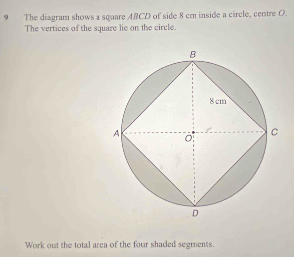 Solved: The diagram shows a square ABCD of side 8 cm inside a circle ...