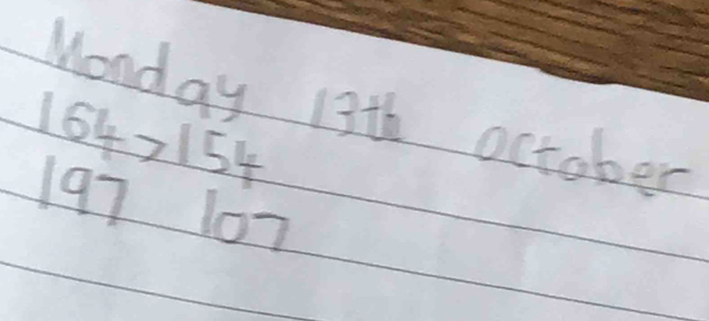 Wonday 13th october
164>154
197 107