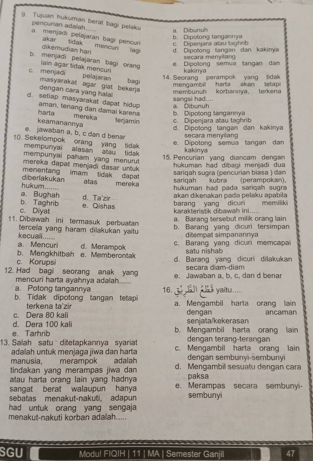 Tujuan hukuman berat bagi pelaku
pencurian adalah....
a. Dibunuh
b. Dipotong tangannya
akar tidak
a. menjadi pelajaran bagi pencuri mencuri lag d. Dipotong tangan dan kakinya
c. Dipenjara atau taghrib
dikemudian hari
secara menyilang
b. menjadi pelajaran bagi orang
e Dipotong semua tangan dan
lain agar tidak mencuri
kakinya
c. menjadi pelajaran
14. Seorang perampok yang tidak
bagi
menqambil harta akan tetapi
masyarakat agar giat bekerja memhunuh korbannva. terkena
dengan cara yang halal
sangsi had....
d. setiap masyarakat dapat hidup a. Dibunuh
aman, tenang dan damai karena
harta b. Dipotong tangannya
mereka
keamanannya terjamin c. Dipenjara atau taghrib
d. Dipotong tangan dan kakinya
e. jawaban a, b, c dan d benar
secara menyilang
10. Sekelompok orang yang tidak
e. Dipotong semua tangan dan
mempunyai alasan atau tidak
kakinya
15. Pencurian yang diancam dengan
mempunyai paham yang menurut
mereka dapat menjadi dasar untuk
hukuman had dibagi menjadi dua
menentang imam tidak dapat
sariqah sugra (pencurian biasa ) dan
diberlakukan atas mereka
sariqah kubra (perampokan),
hukum.......
hukuman had pada sariqah sugra
a. Bughah d. Ta'zir
akan dikenakan pada pelaku apabila
b. Taghrib e. Qishas
barang yang dicuri memiliki
c. Diyat
karakteristik dibawah ini.....
a. Barang tersebut milik orang lain
11. Dibawah ini termasuk perbuatan b. Barang yang dicuri tersimpan
tercela yang haram dilakukan yaitu ditempat simpanannya
kecuali......
a. Mencuri d. Merampok c. Barang yang dicuri memcapai
b. Mengkhitbah e. Memberontak satu nishab
c. Korupsi d. Barang yang dicuri dilakukan
seçara diam-diam
12. Had bagi seorang anak yang e. Jawaban a, b, c, dan d benar
mencuri harta ayahnya adalah......
a Potong tangannya 16. 3  Bl a lss yaitu......
b. Tidak dipotong tangan tetapi a. Mengambil harta orang lain
terkena ta'zir
c. Dera 80 kali dengan ancaman
d. Dera 100 kali senjata/kekerasan
e. Tarhrib b. Mengambil harta orang lain
dengan terang-terangan
13. Salah satu ditetapkannya syariat c. Mengambil harta orang lain
adalah untuk menjaga jiwa dan harta
manusia, merampok adalah dengan sembunyi-sembunyi
tindakan yang merampas jiwa dan d. Mengambil sesuatu dengan cara
atau harta orang lain yang hadnya paksa
sangat berat walaupun hanya e. Merampas secara sembunyi-
sebatas menakut-nakuti, adapun sembunyi
had untuk orang yang sengaja
menakut-nakuti korban adalah.....
SGU Modu! FIQIH | 11 | MA | Semester Ganjil 47