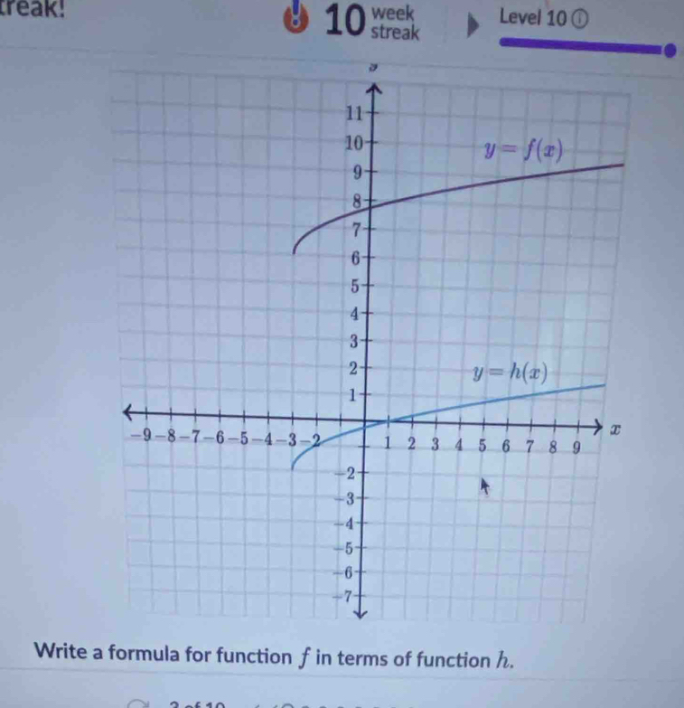 treak! week Level 10
8 10 streak
Write a formula for function f in terms of function h.