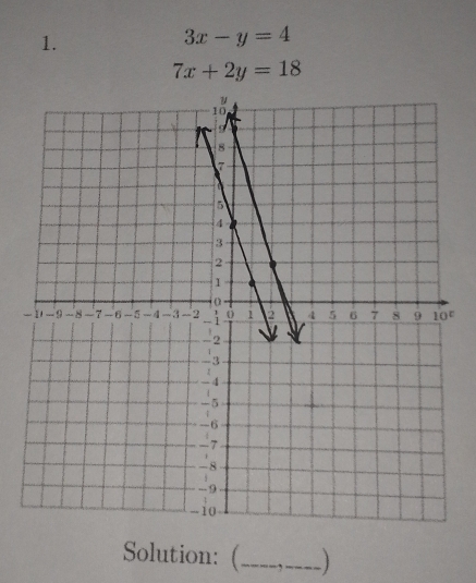 3x-y=4
7x+2y=18
-°
Solution: (_ _)