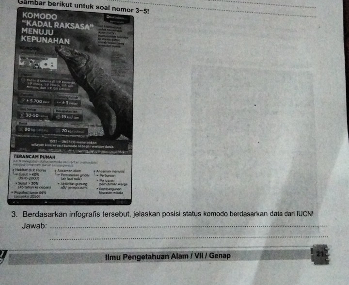 Gambar berikut untuk soal nomor 3-5! 
_ 
_ 
askan posisi status komodo berdasarkan data dari IUCN! 
Jawab:_ 
_ 
Ilmu Pengetahuan Alam / VII / Genap 
21