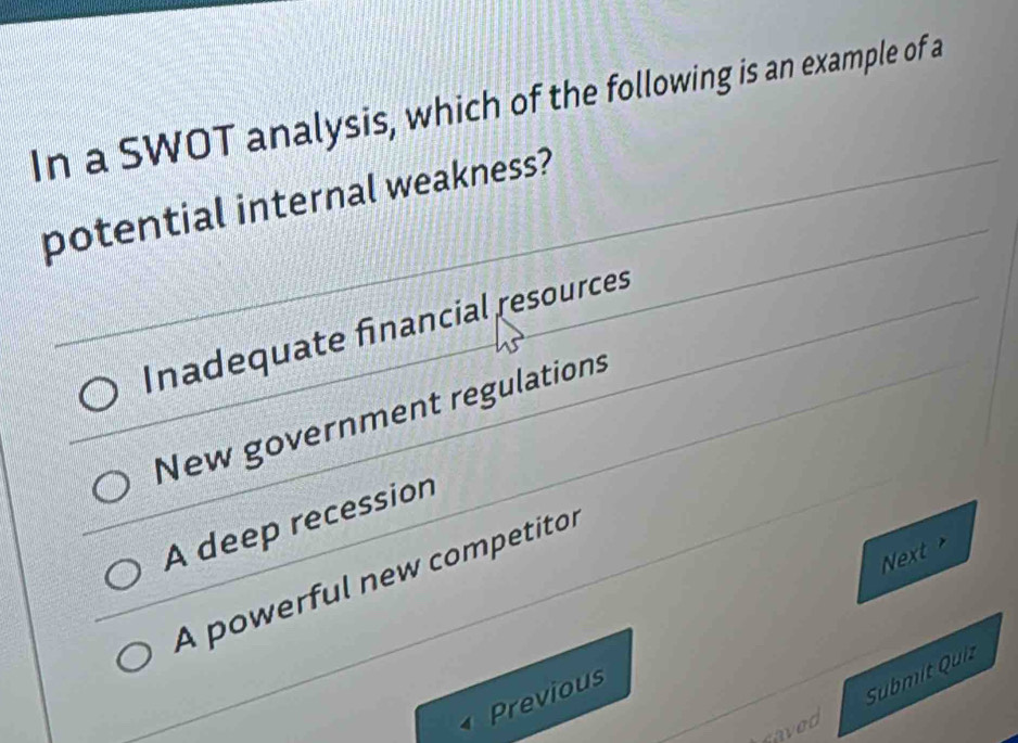 In a SWOT analysis, which of the following is an example of a
potential internal weakness?
Inadequate financial resources
New government regulations
A deep recession
Next
A powerful new competitor
Previous
Submit Quiz
saved