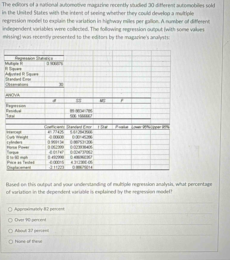 The editors of a national automotive magazine recently studied 30 different automobiles sold
in the United States with the intent of seeing whether they could develop a multiple
regression model to explain the variation in highway miles per gallon. A number of different
independent variables were collected. The following regression output (with some values
missing) was recently presented to the editors by the magazine's analysts:
M
R
A
S
O
A
R
R
T
I
c
0
Based on this output and your understanding of multiple regression analysis, what percentage
of variation in the dependent variable is explained by the regression model?
Approximately 82 percent
Over 90 percent
About 37 percent
None of these