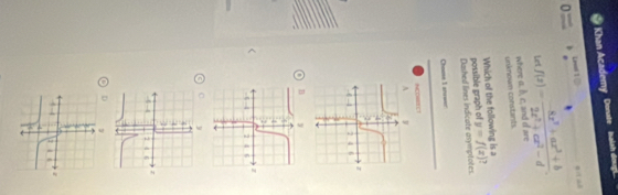 Khan Academy Donate Inalah doug
Lel 1 □
0: f(x)= (-8x^3+ax^2+b)/2x^2+cx^2-d . 
Let
where G. ), c. and of are unknown constants.
Which of the following is a
possible graph of Dashed lines indicate asymptotes y=f(x) 7
Choose I anowar
MMCCWOE !