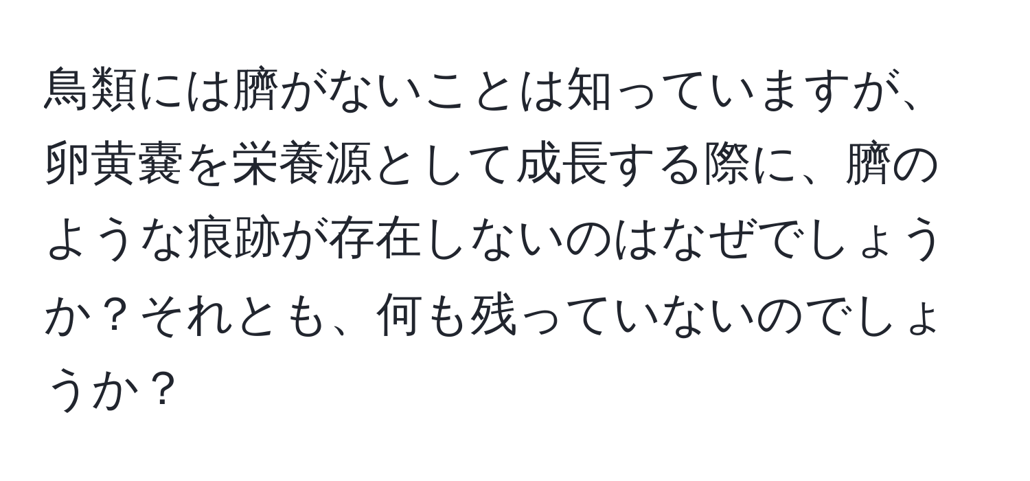 鳥類には臍がないことは知っていますが、卵黄嚢を栄養源として成長する際に、臍のような痕跡が存在しないのはなぜでしょうか？それとも、何も残っていないのでしょうか？