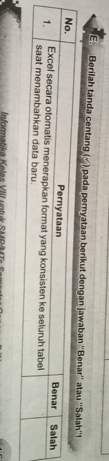 Berilah tanda centang (√) pada pernyataan berikut dengan jawaban “' 
Informatika Kelas VIII untuk SMP/M T