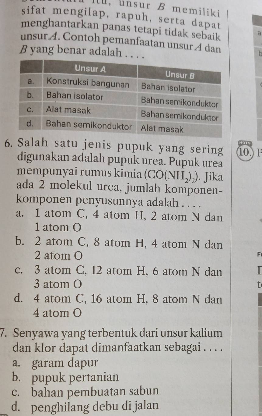 Ill, unsur B memiliki
sifat mengilap, rapuh, serta dapat
menghantarkan panas tetapi tidak sebaik
a
unsur A. Contoh pemanfaatan unsur A dan
B yang benar adalah . . . .
HOTS
6. Salah satu jenis pupuk yang sering 10 P
digunakan adalah pupuk urea. Pupuk urea
mempunyai rumus kimia (CO(NH_2)_2). Jika
ada 2 molekul urea, jumlah komponen-
komponen penyusunnya adalah . . . .
a. 1 atom C, 4 atom H, 2 atom N dan
1 atom O
b. 2 atom C, 8 atom H, 4 atom N dan
2 atom O
F
c. 3 atom C, 12 atom H, 6 atom N dan I
3 atom O t
d. 4 atom C, 16 atom H, 8 atom N dan
4 atom O
7. Senyawa yang terbentuk dari unsur kalium
dan klor dapat dimanfaatkan sebagai . . . .
a. garam dapur
b. pupuk pertanian
c. bahan pembuatan sabun
d. penghilang debu di jalan