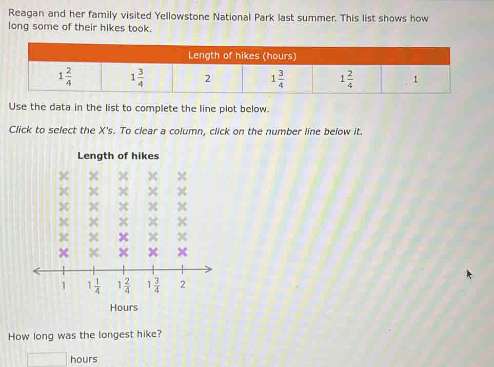 Reagan and her family visited Yellowstone National Park last summer. This list shows how
long some of their hikes took.
Use the data in the list to complete the line plot below.
Click to select the X's. To clear a column, click on the number line below it.
Length of hikes
Hours
How long was the longest hike?
hours