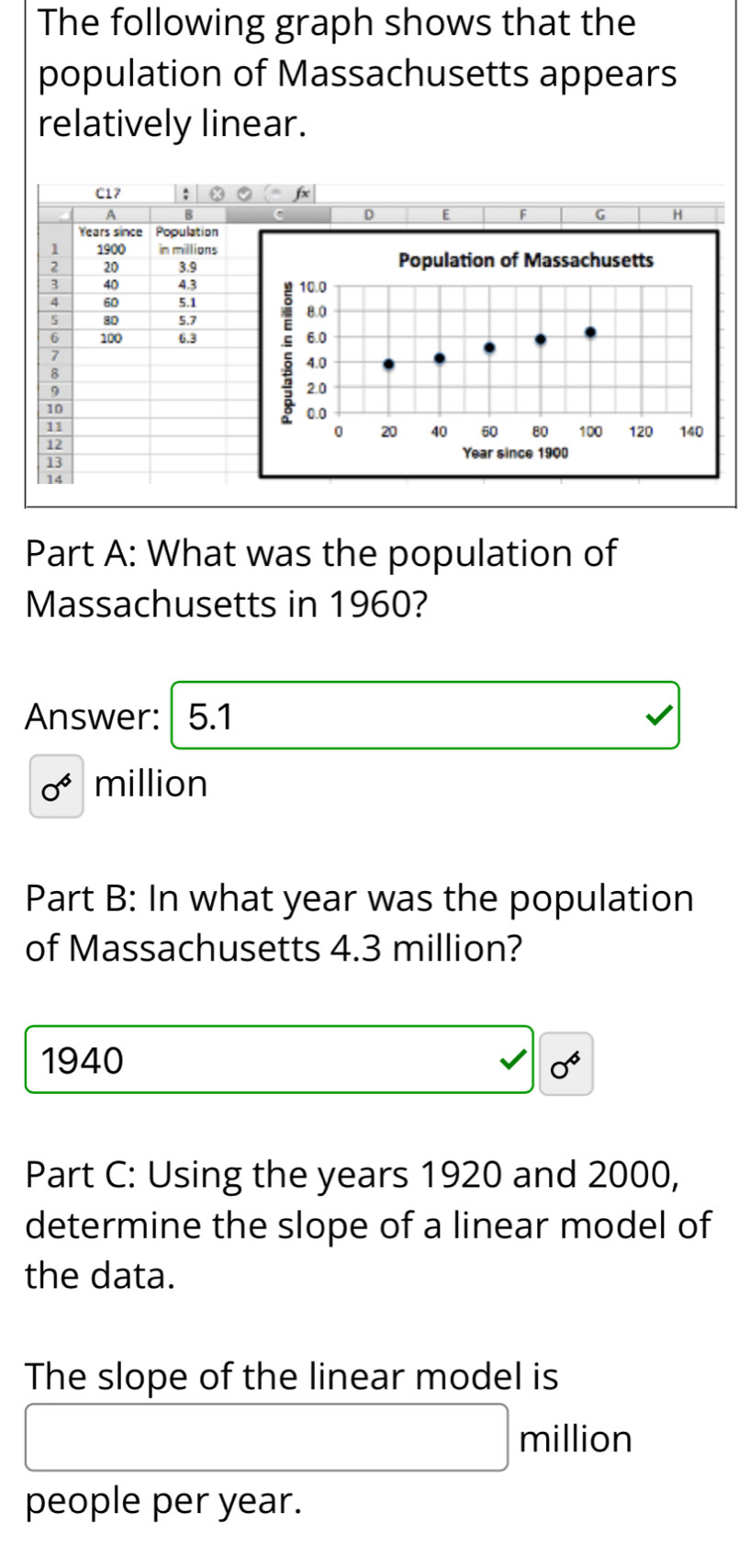 The following graph shows that the 
population of Massachusetts appears 
relatively linear. 
D
F G H
Part A: What was the population of 
Massachusetts in 1960? 
Answer: 5.1
x million
Part B: In what year was the population 
of Massachusetts 4.3 million?
1940
Part C: Using the years 1920 and 2000, 
determine the slope of a linear model of 
the data. 
The slope of the linear model is
million
people per year.