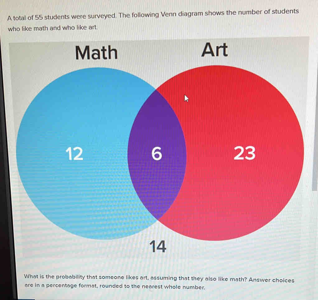 A total of 55 students were surveyed. The following Venn diagram shows the number of students 
who like math and who like art. 
What is the probability that someone likes art, assuming that they also like math? Answer choices 
are in a percentage format, rounded to the nearest whole number.