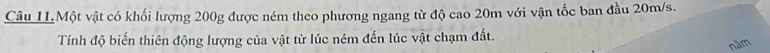 Câu 11.Một vật có khối lượng 200g được ném theo phương ngang từ độ cao 20m với vận tốc ban đầu 20m/s. 
Tính độ biến thiên động lượng của vật từ lúc ném đến lúc vật chạm đất. 
năm