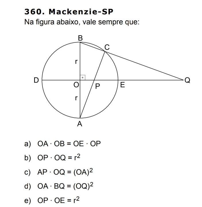 Mackenzie-SP 
Na figura abaixo, vale sempre que: 
a) OA· OB=OE· OP
b) OP· OQ=r^2
c) AP· OQ=(OA)^2
d) OA· BQ=(OQ)^2
e) OP· OE=r^2