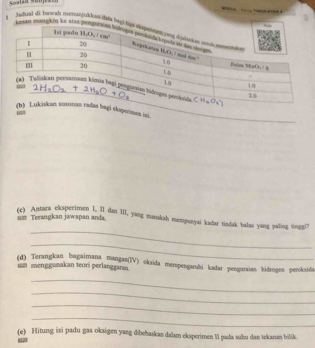 Soalan Sübjektn
MODUL · KIMS TINGKATAN 4
kesan mangkin ke atas
Jadual di bawah menunjukkan data ba
_
s bagi eksperimen ini.
(c) Antara eksperimen I, II dan III, yang manakah mempunyai kadar tindak balas yang paling tinggi?
= Terangkan jawapan anda.
_
_
(d) Terangkan bagaimana mangan(IV) oksida mempengaruhi kadar penguraian hidrogen peroksida
menggunakan teori perlanggaran.
_
_
_
_
(e) Hitung isi padu gas oksigen yang dibebaskan dalam eksperimen II pada suhu dan tekanan bilik.